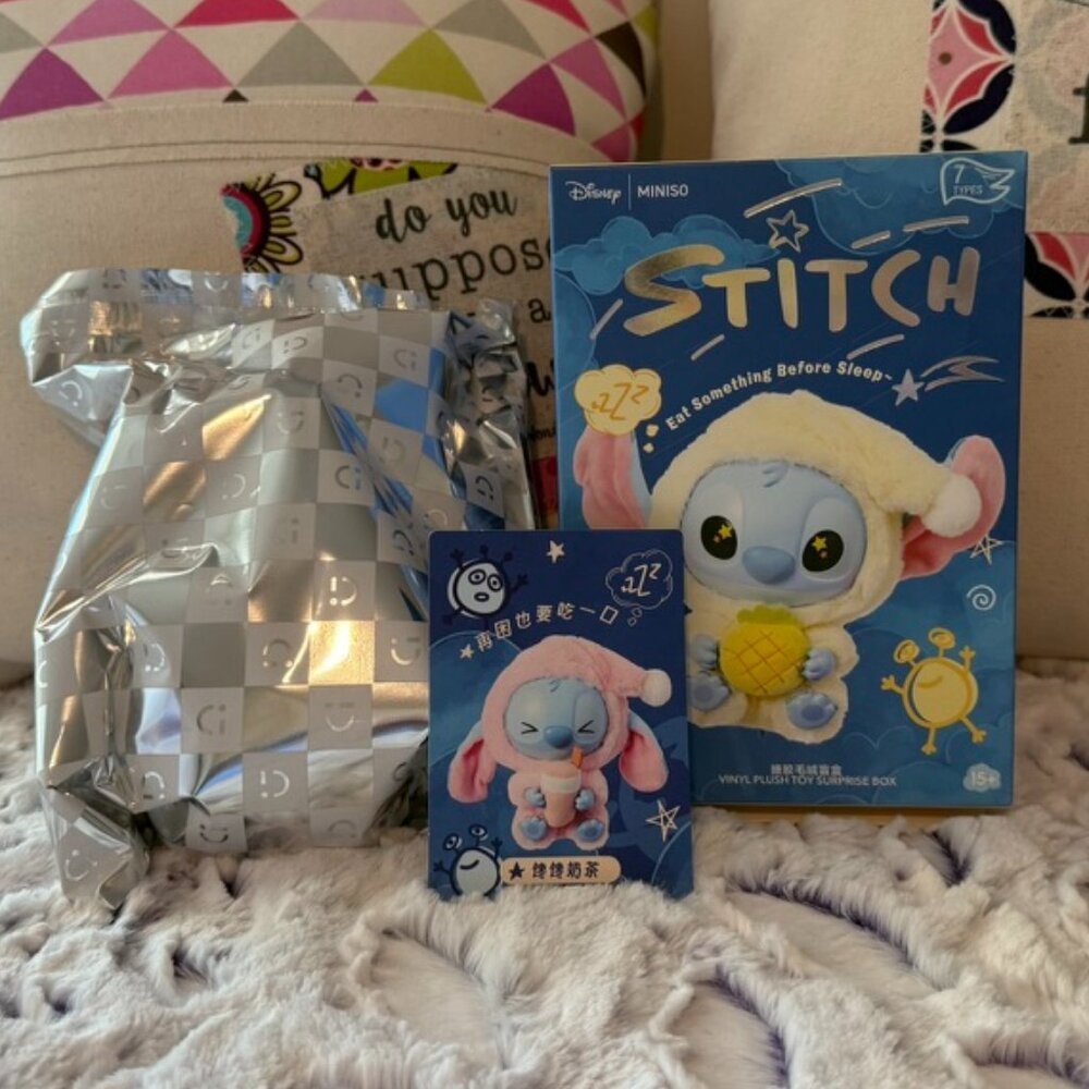 Miniso x Disney Stitch "Eat Something Before Sleep" Vinyl Plush -Milk Tea Desire